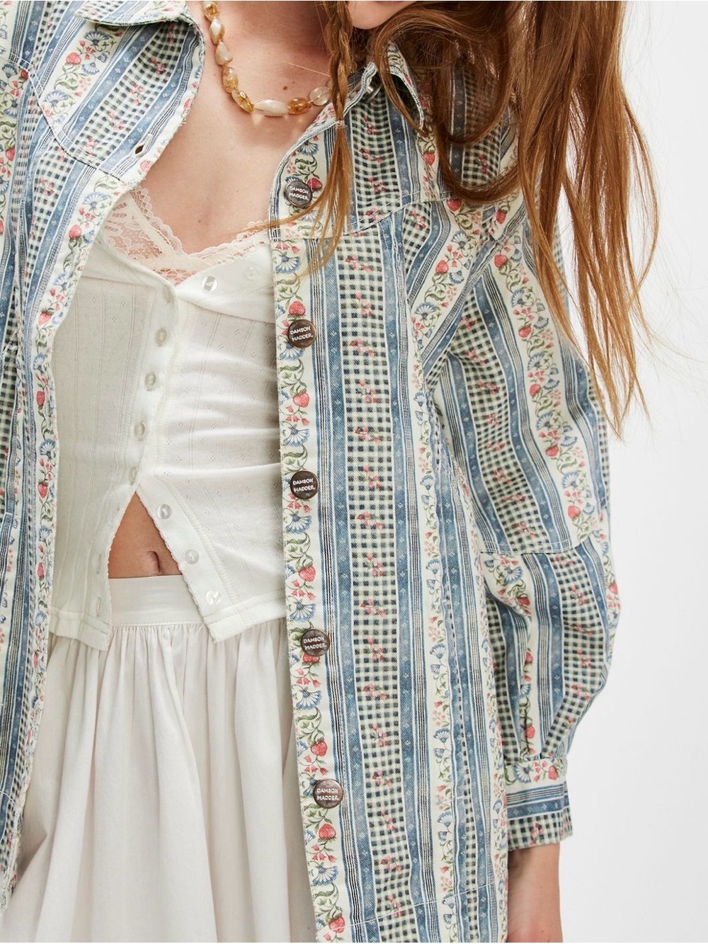 Damson Madder Baxter Striped Floral Print Button-Up Shirt Jacket - Picture 2 of 3